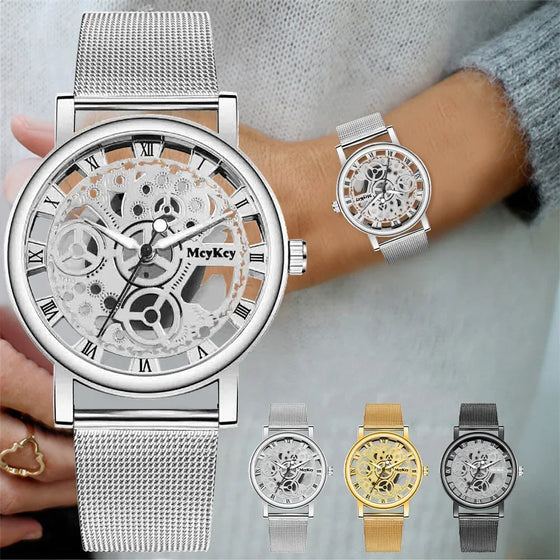 Reloj de esfera calada y malla metálica